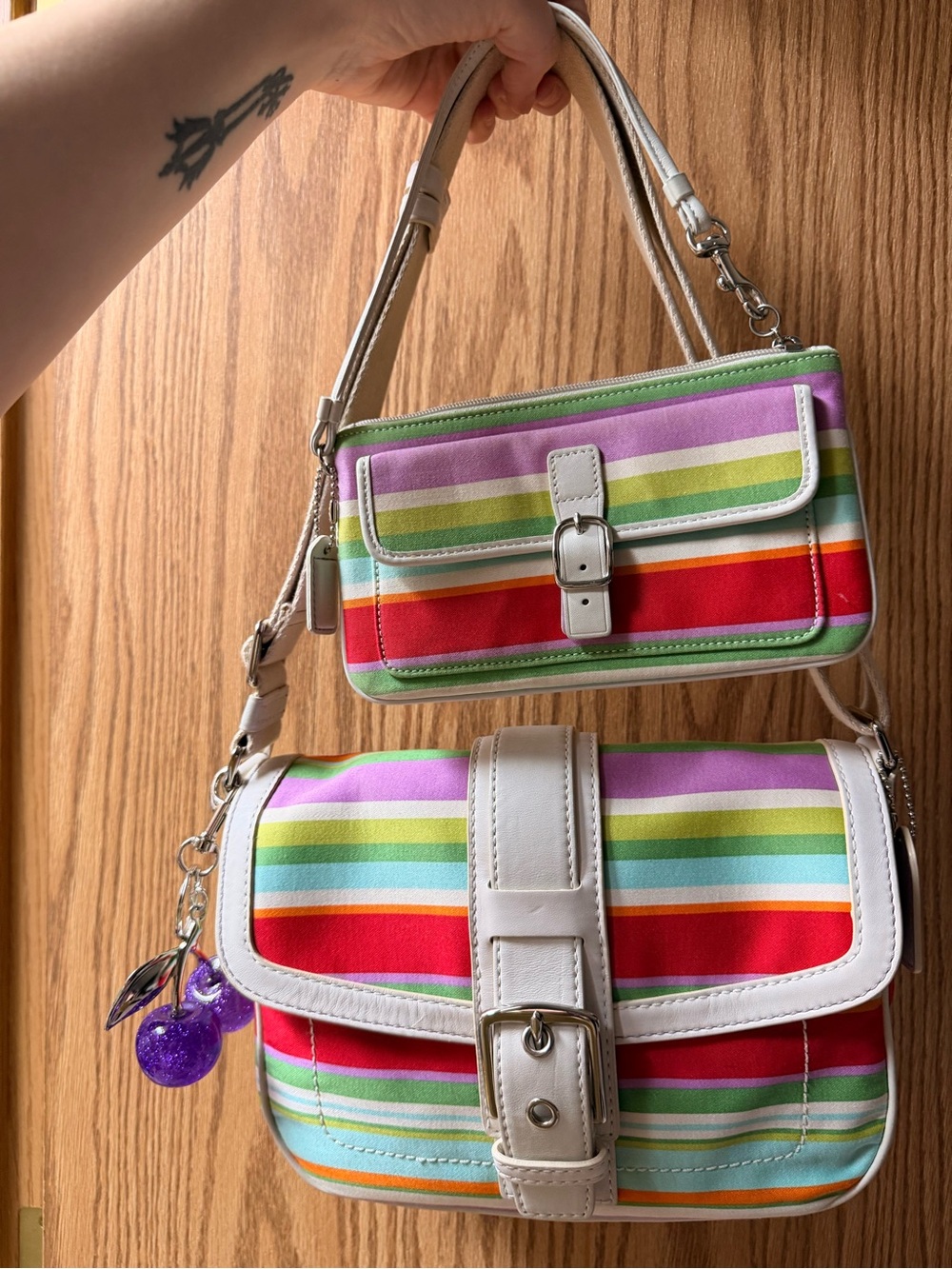 Coach Multicolor Striped Shoulder Bag with White Trim